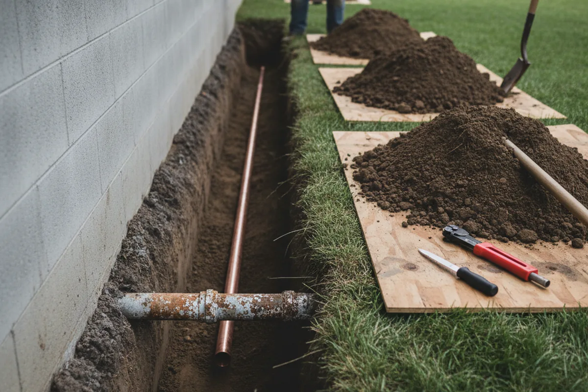 Excavated water line trench during Water Softener Installation in Bluff Springs